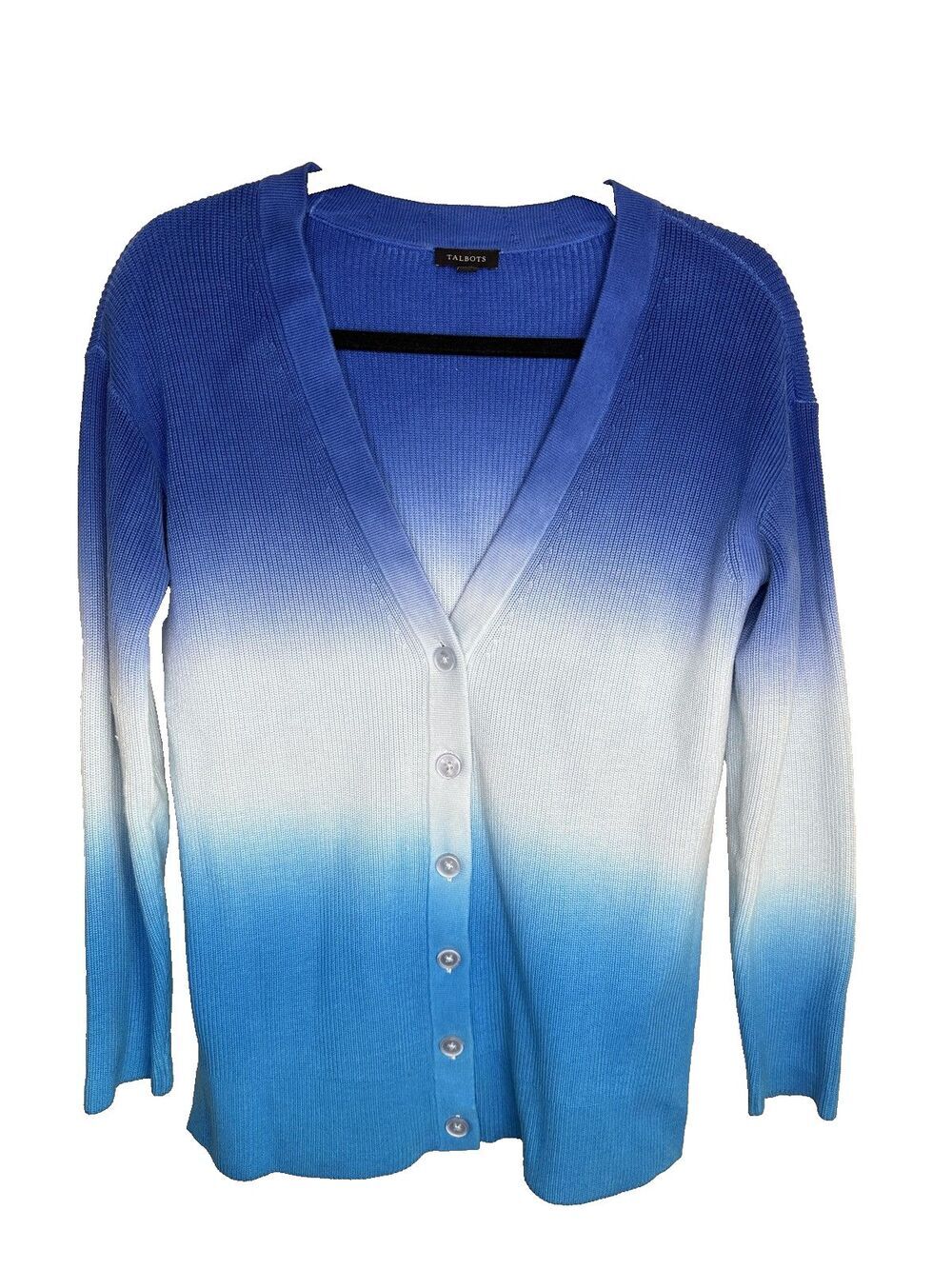 Talbots Sweater Womens XS Gradient Cardigan Button Front V Neck Blue White Ombre